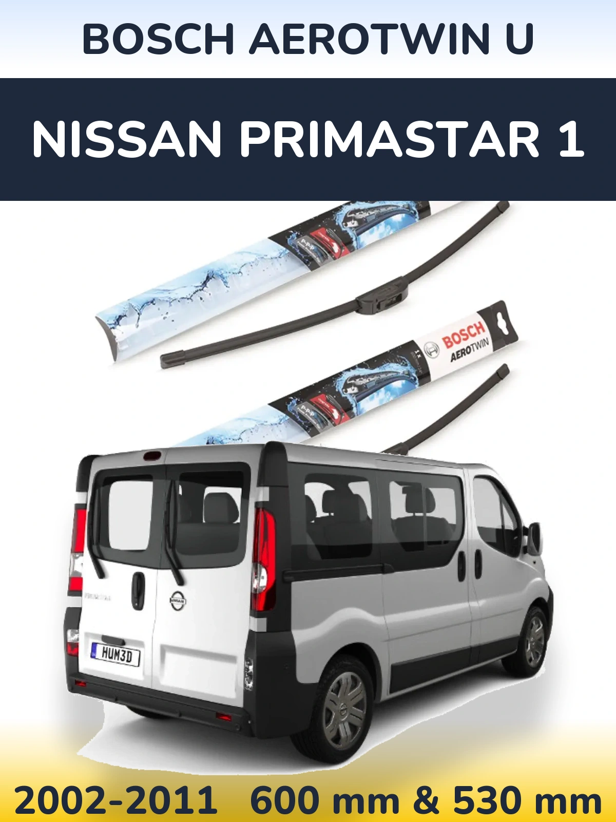Front wiper blade set BOSCH AeroTwin U 600 & 530 mm for Nissan Primastar 1 2002-2011