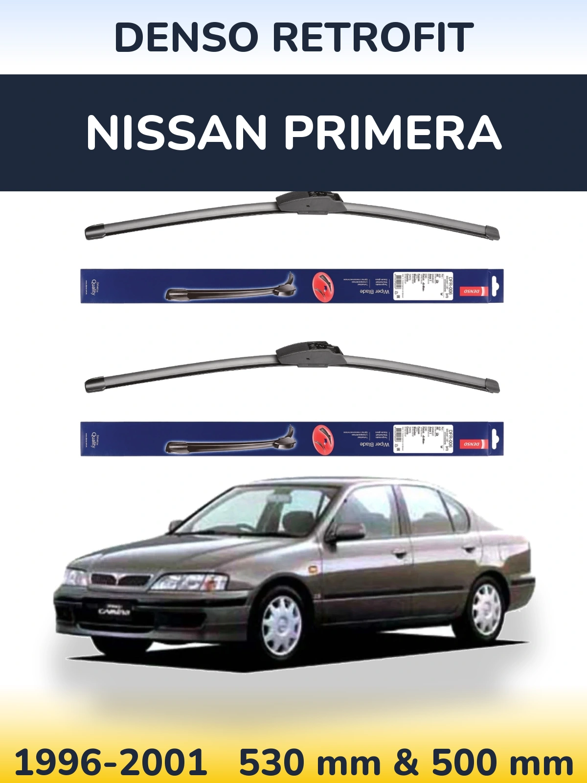 Front wiper blade set Denso Retrofit 530 & 500 mm for Nissan Primera 1996-2001