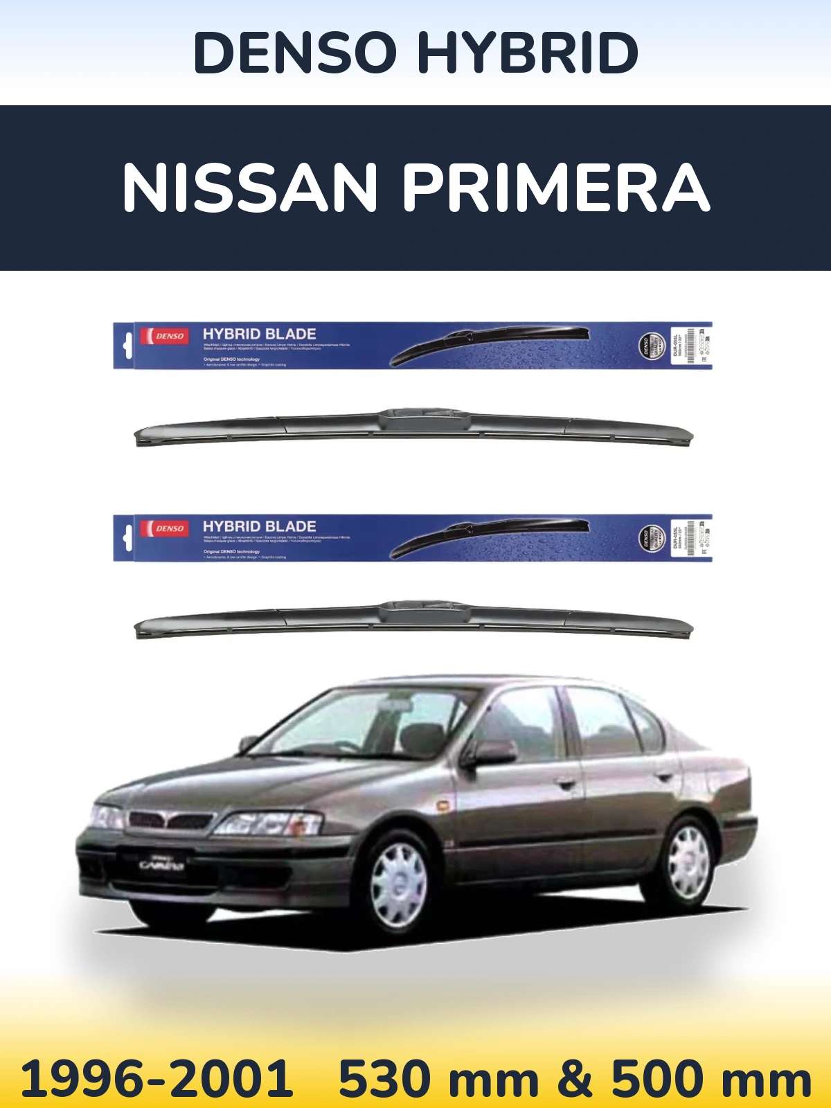 Front wiper blade set Denso Hybrid 530 & 500 mm for Nissan Primera 1996-2001