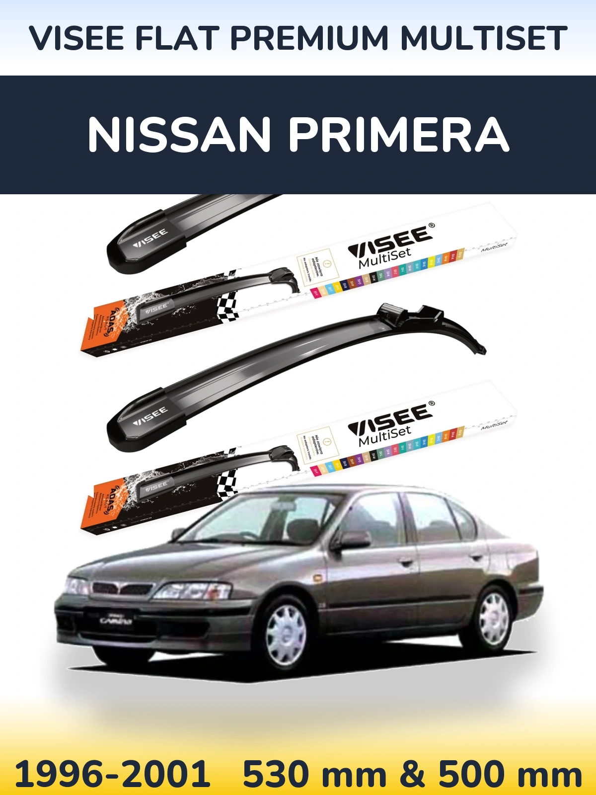 Front wiper blade set VISEE FLAT PREMIUM MultiSet 530 & 500 mm for Nissan Primera 1996-2001