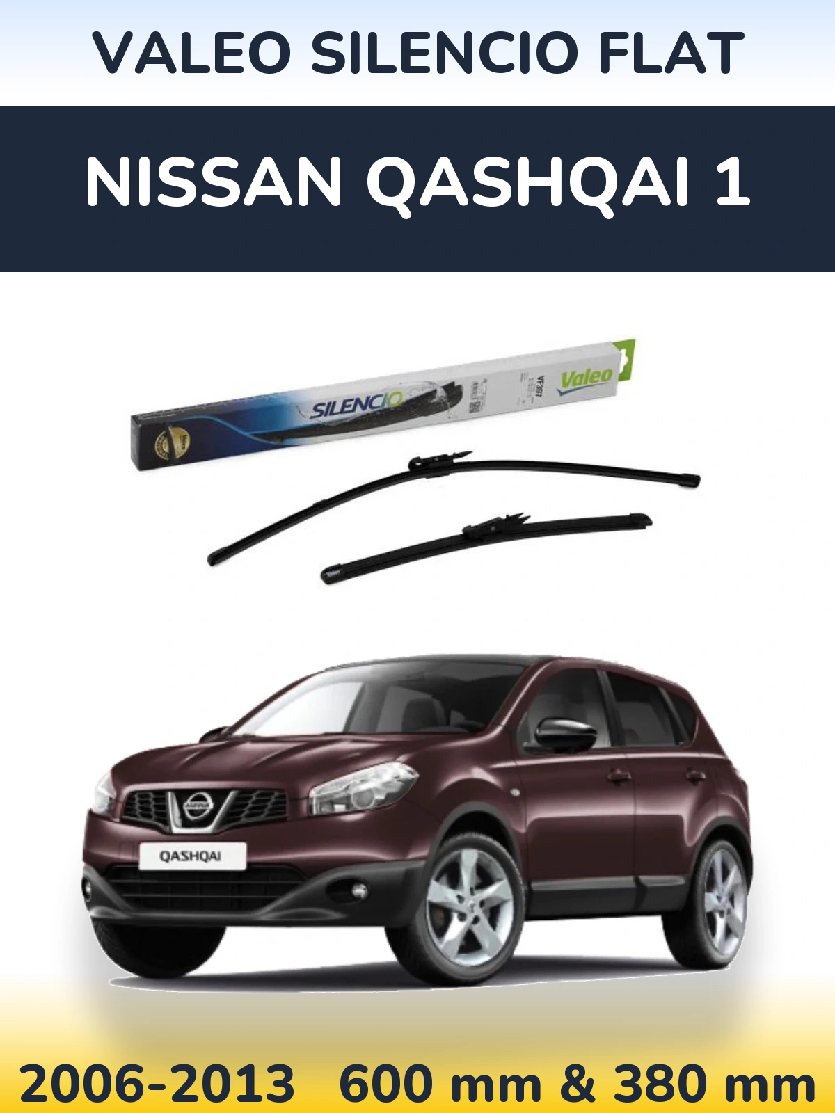 Front wiper blade set Valeo Silencio Flat 600 & 380 mm for Nissan Qashqai 1 2006-2013