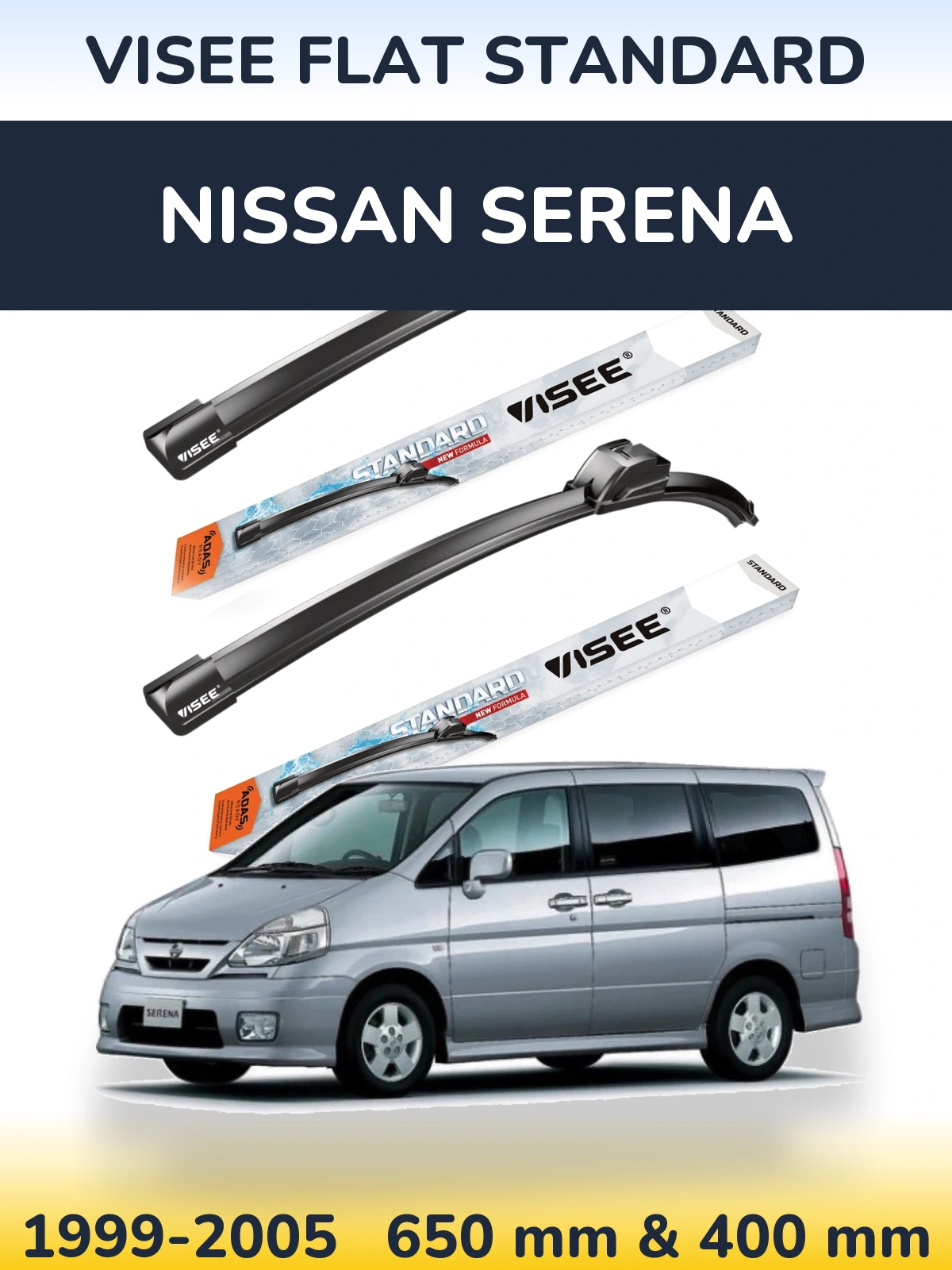 Front wiper blade set VISEE FLAT STANDARD 650 & 400 mm for Nissan Serena 1999-2005