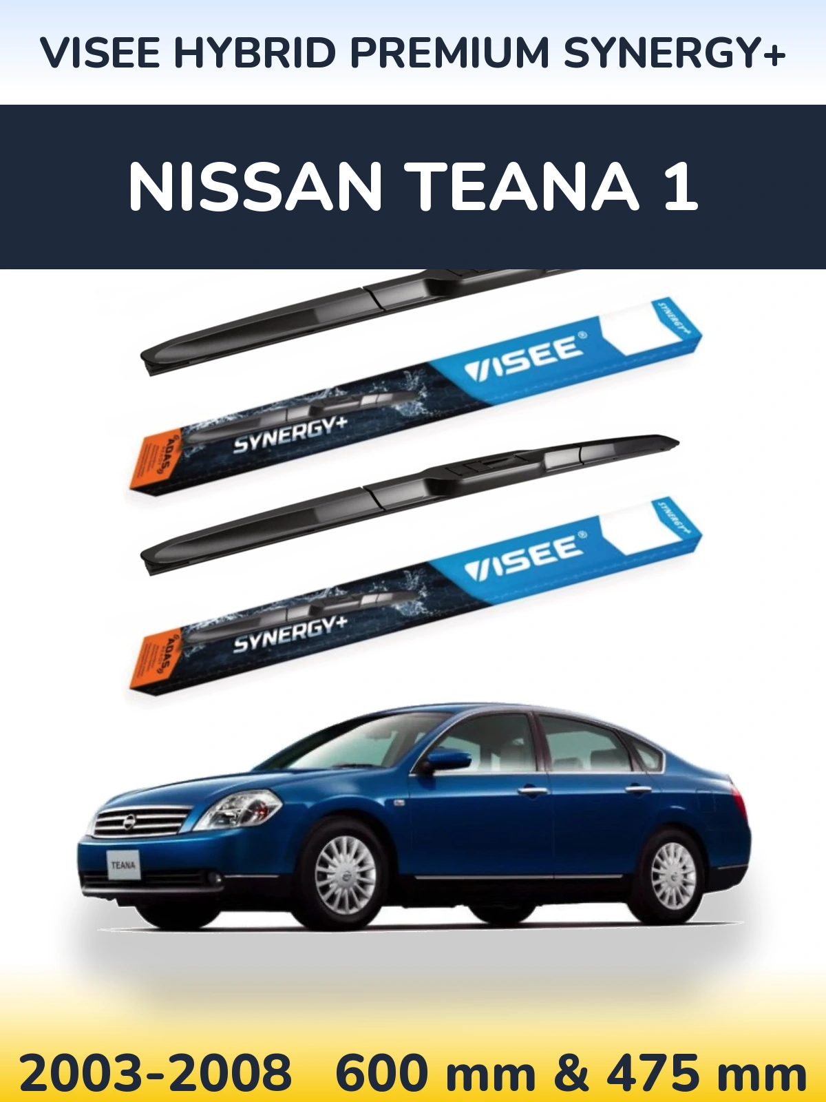 Front wiper blade set VISEE HYBRID PREMIUM SYNERGY+ 600 & 475 mm for Nissan Teana 1 2003-2008