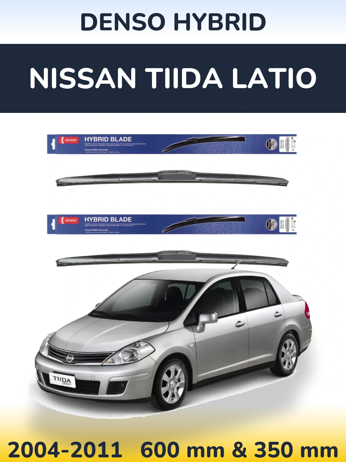 Front wiper blade set Denso Hybrid 600 & 350 mm for Nissan Tiida Latio 2004-2011