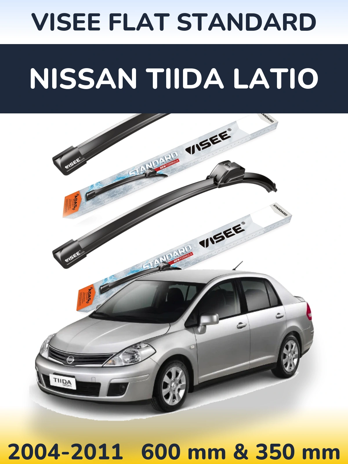 Front wiper blade set VISEE FLAT STANDARD 600 & 350 mm for Nissan Tiida Latio 2004-2011