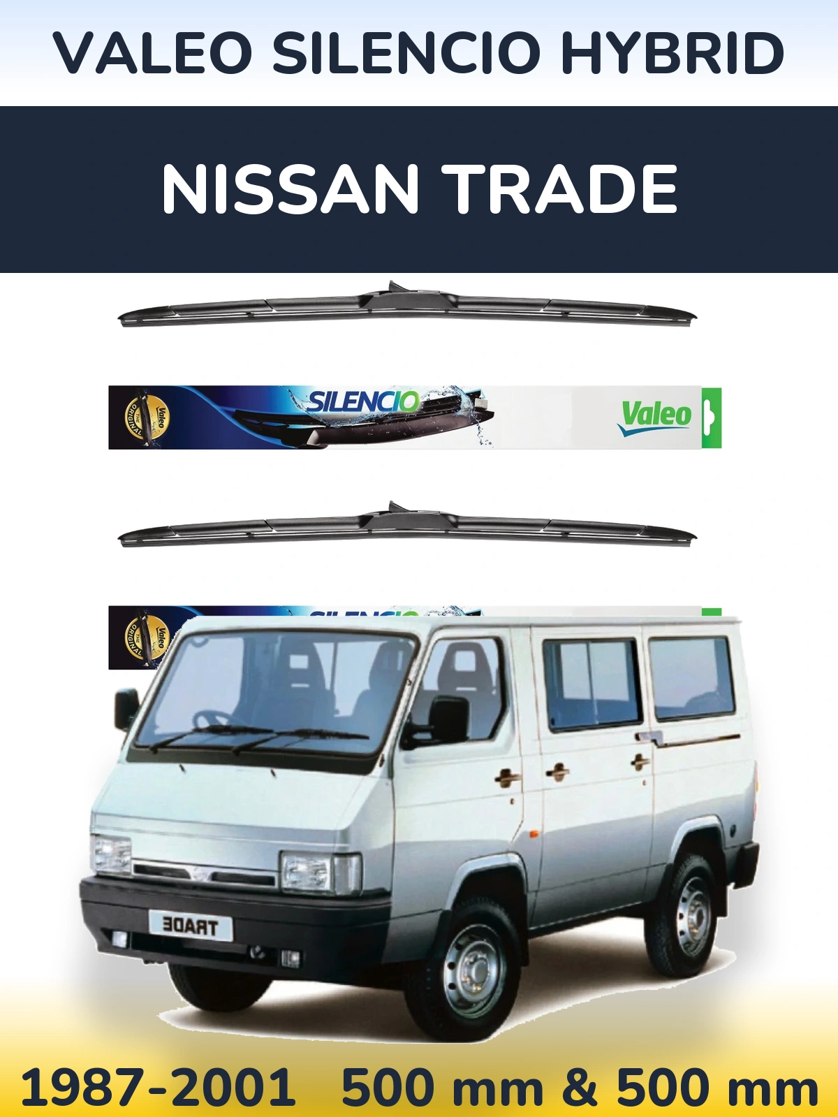 Front wiper blade set Valeo Silencio Hybrid 500 & 500 mm for Nissan Trade 1987-2001