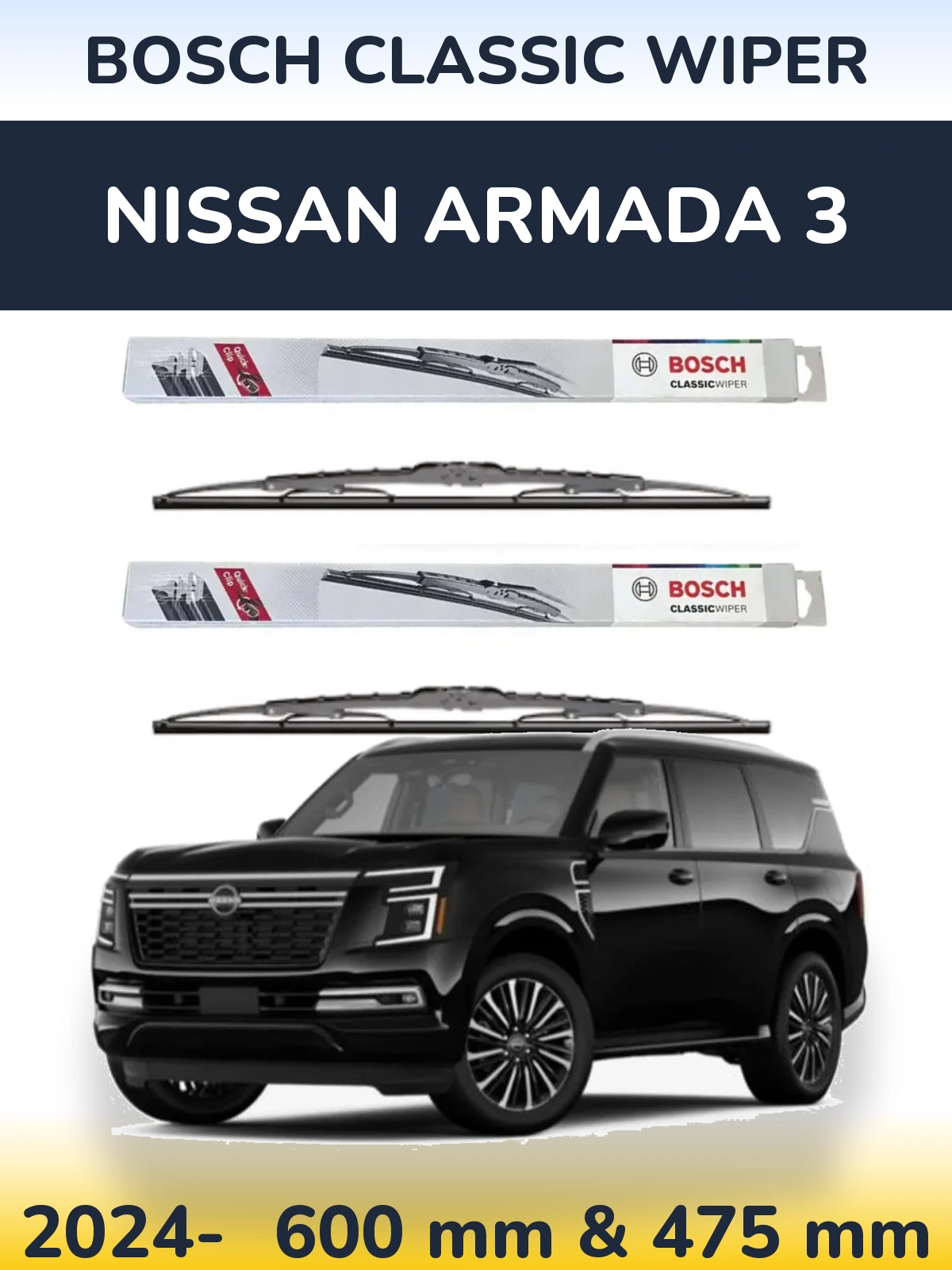 Комплект передних дворников BOSCH Classic Wiper 600 & 475 мм для Nissan Armada 3 2024-2026