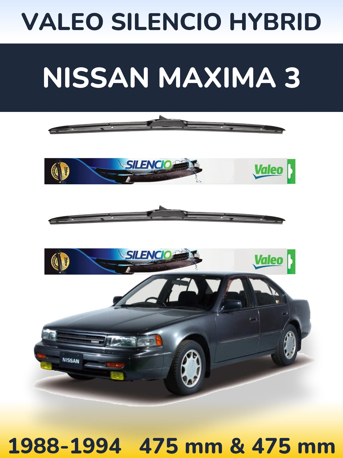 Front wiper blade set Valeo Silencio Hybrid 475 & 475 mm for Nissan Maxima 3 1988-1994