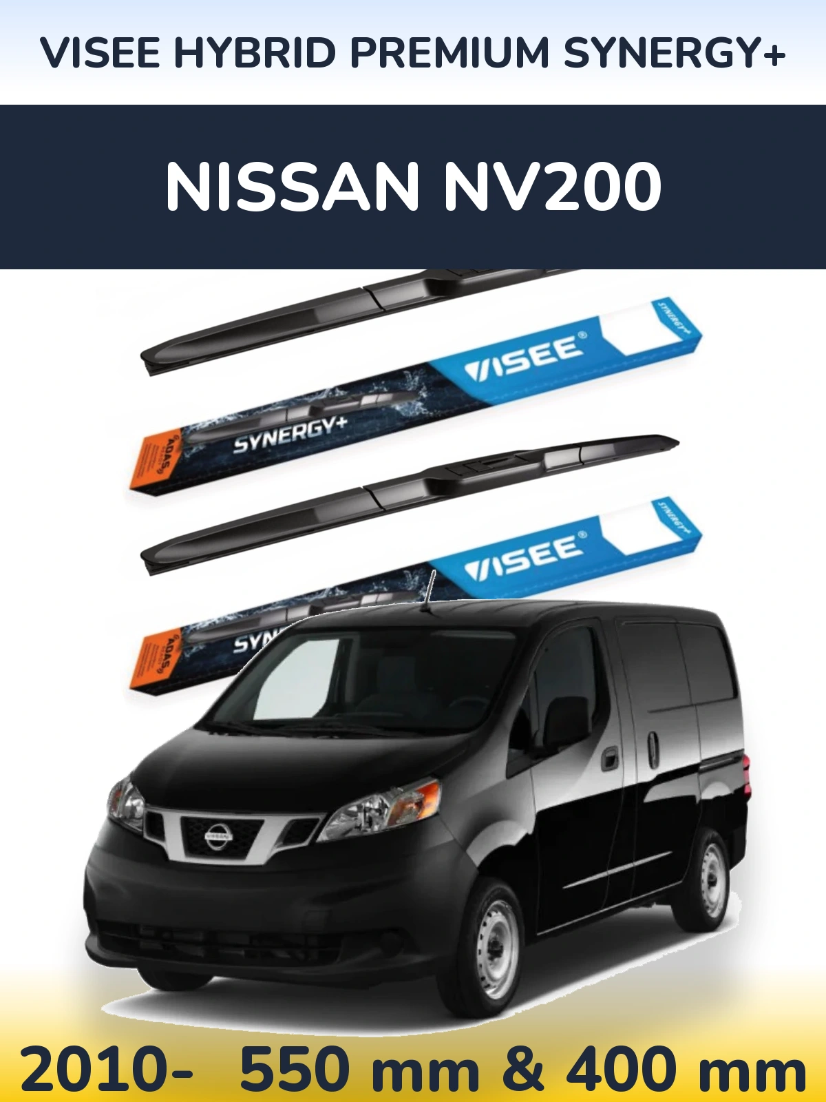 Front wiper blade set VISEE HYBRID PREMIUM SYNERGY+ 550 & 400 mm for Nissan NV200 2010-2026
