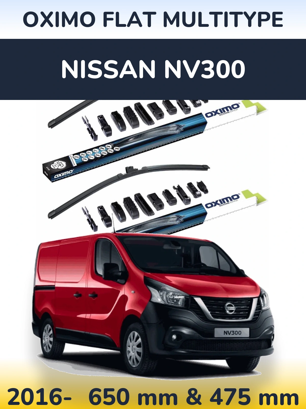 Front wiper blade set Oximo Flat MultiTipse 650 & 475 mm for Nissan NV300 2016-2026