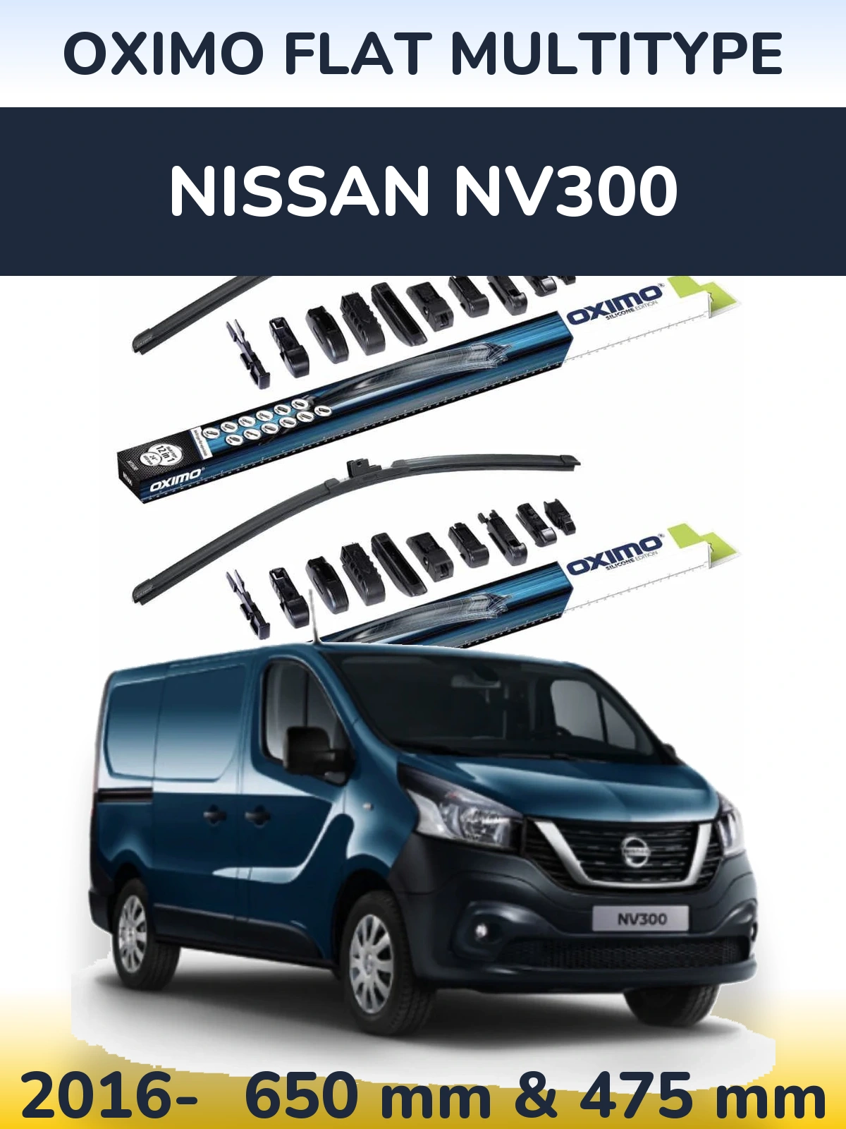 Front wiper blade set Oximo Flat MultiTipse 650 & 475 mm for Nissan NV300 2016-2026