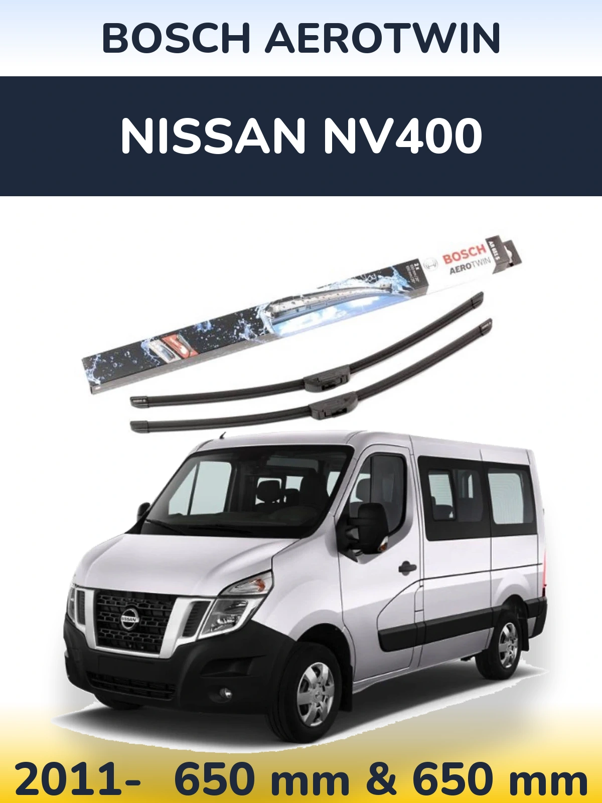 Front wiper blade set BOSCH AeroTwin 650 & 650 mm for Nissan NV400 2011-2026
