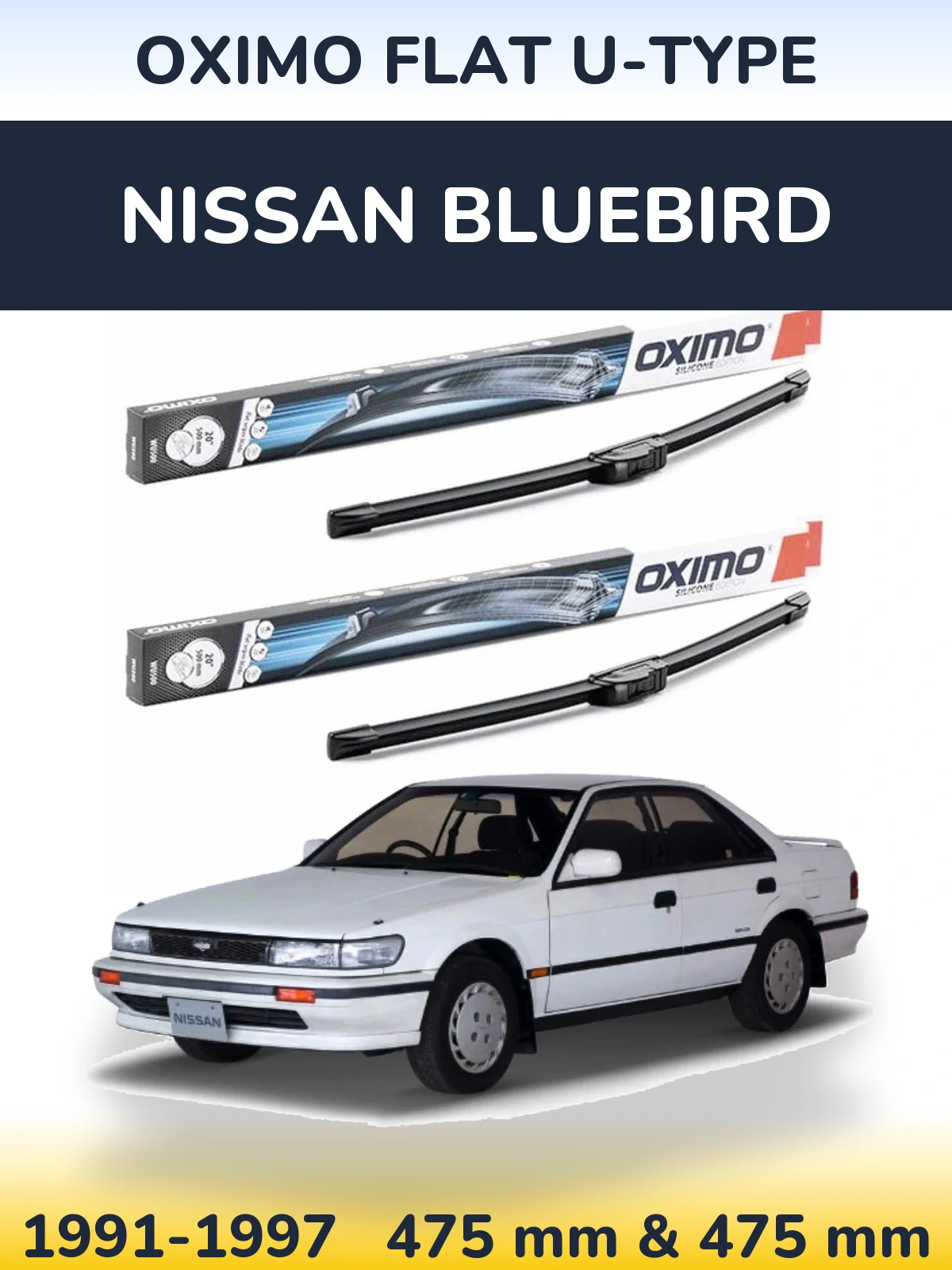 Front wiper blade set Oximo Flat U-type 475 & 475 mm for Nissan Bluebird 1991-1997