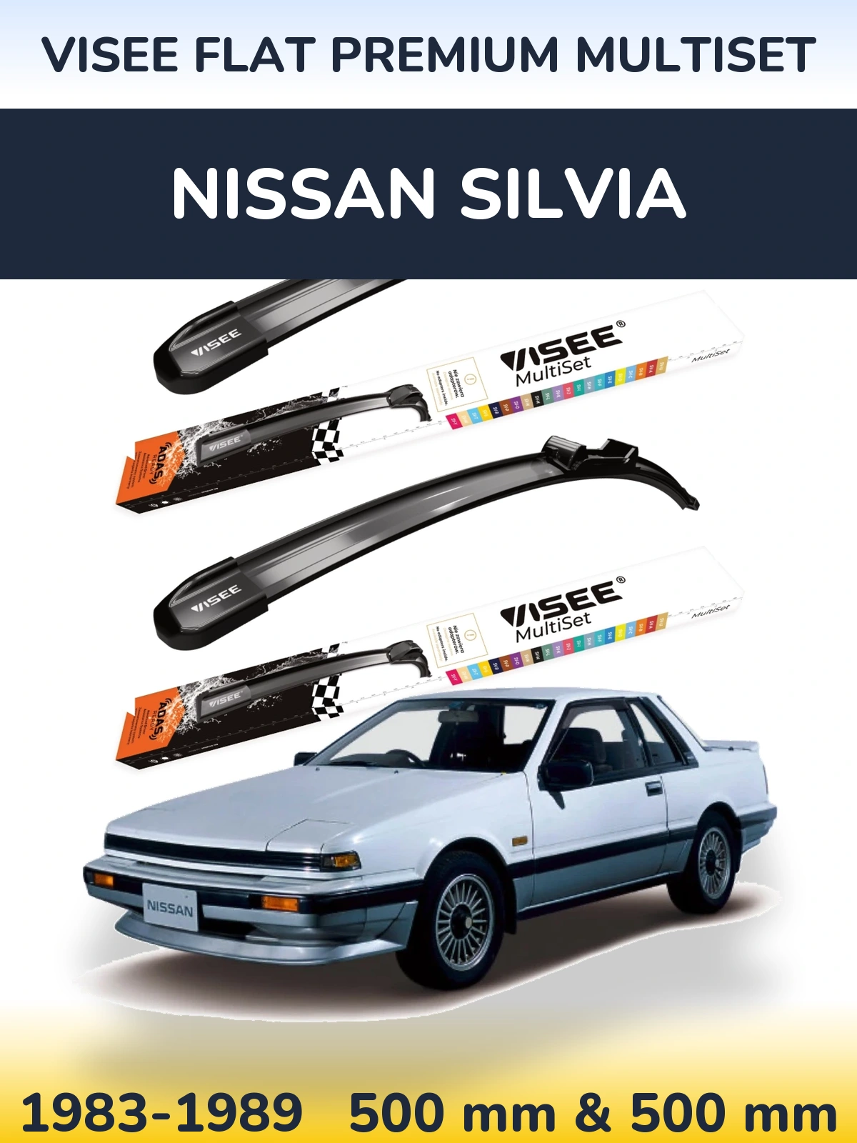Front wiper blade set VISEE FLAT PREMIUM MultiSet 500 & 500 mm for Nissan Silvia 1983-1989