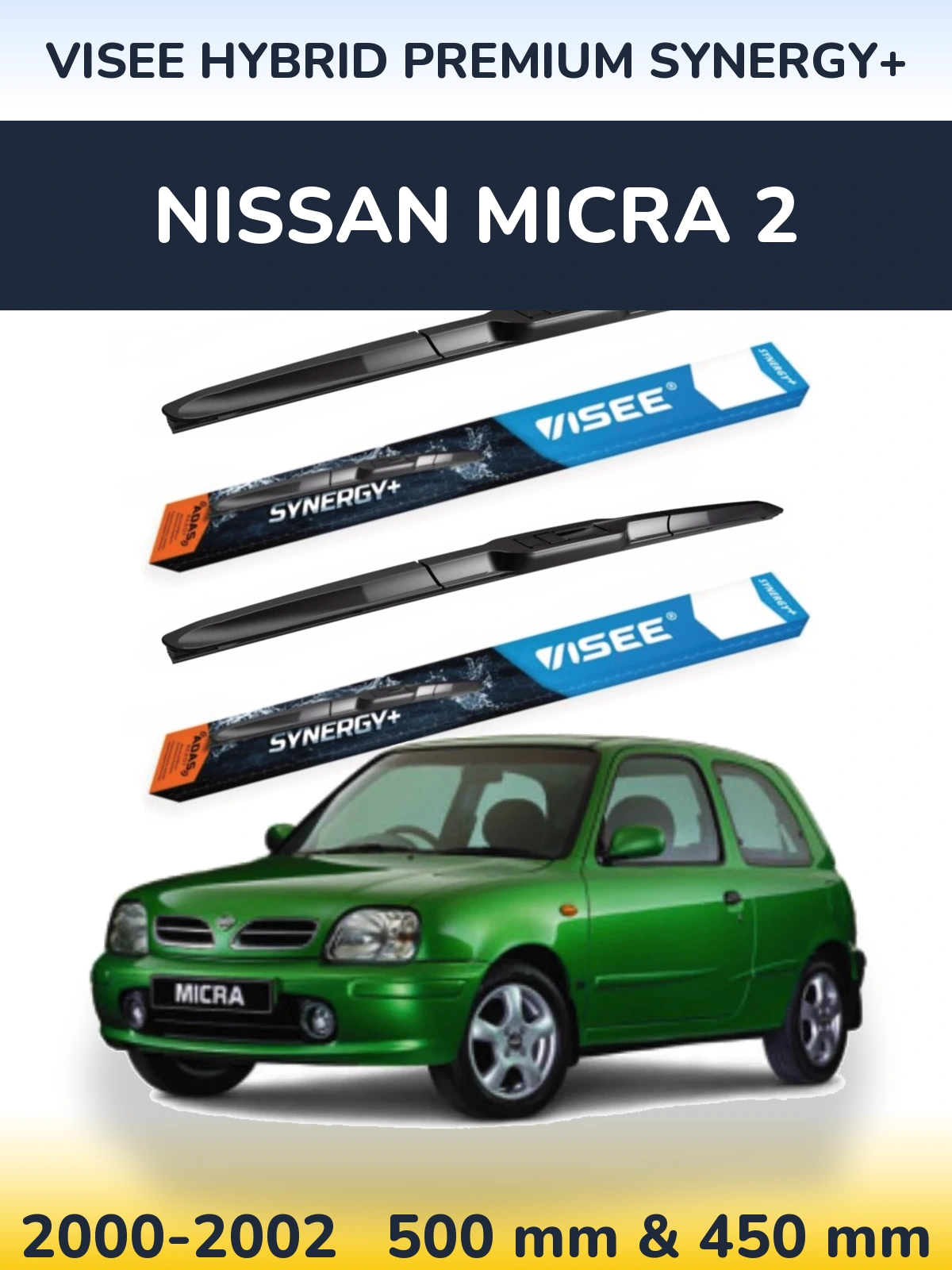 Front wiper blade set VISEE HYBRID PREMIUM SYNERGY+ 500 & 450 mm for Nissan Micra 2 2000-2002
