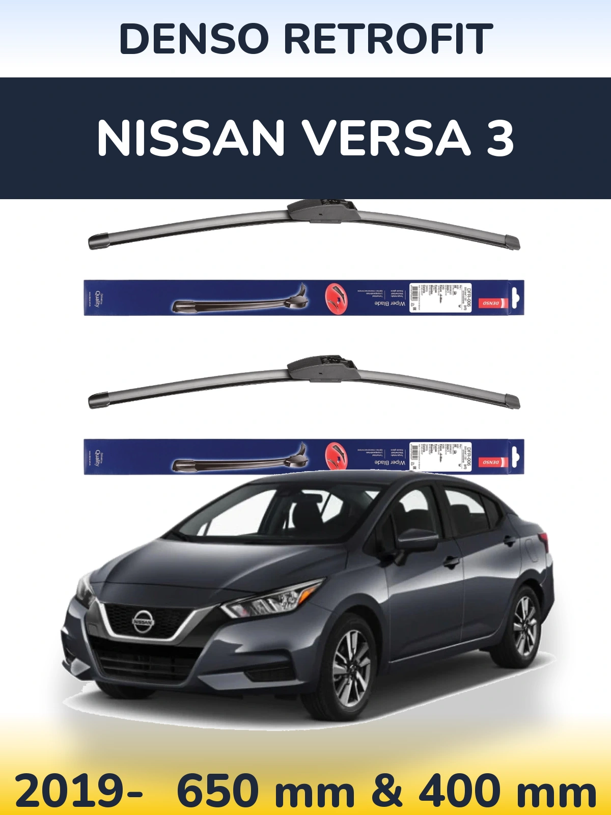 Front wiper blade set Denso Retrofit 650 & 400 mm for Nissan Versa 3 2019-2026