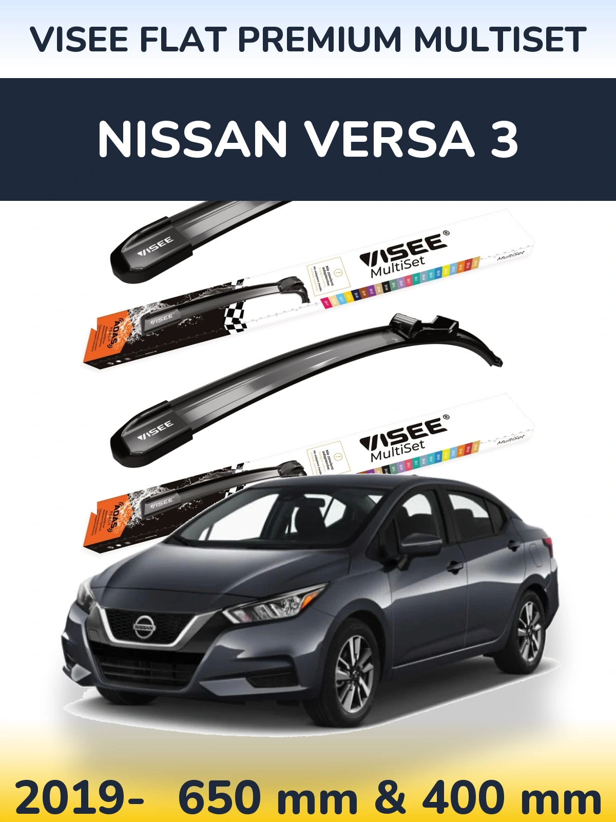 Front wiper blade set VISEE FLAT PREMIUM MultiSet 650 & 400 mm for Nissan Versa 3 2019-2026
