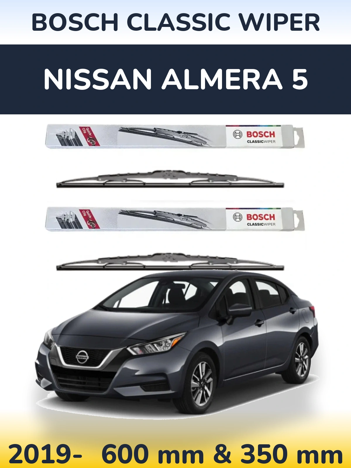 Front wiper blade set BOSCH Classic Wiper 600 & 340 mm for Nissan Almera 5 2019-2026