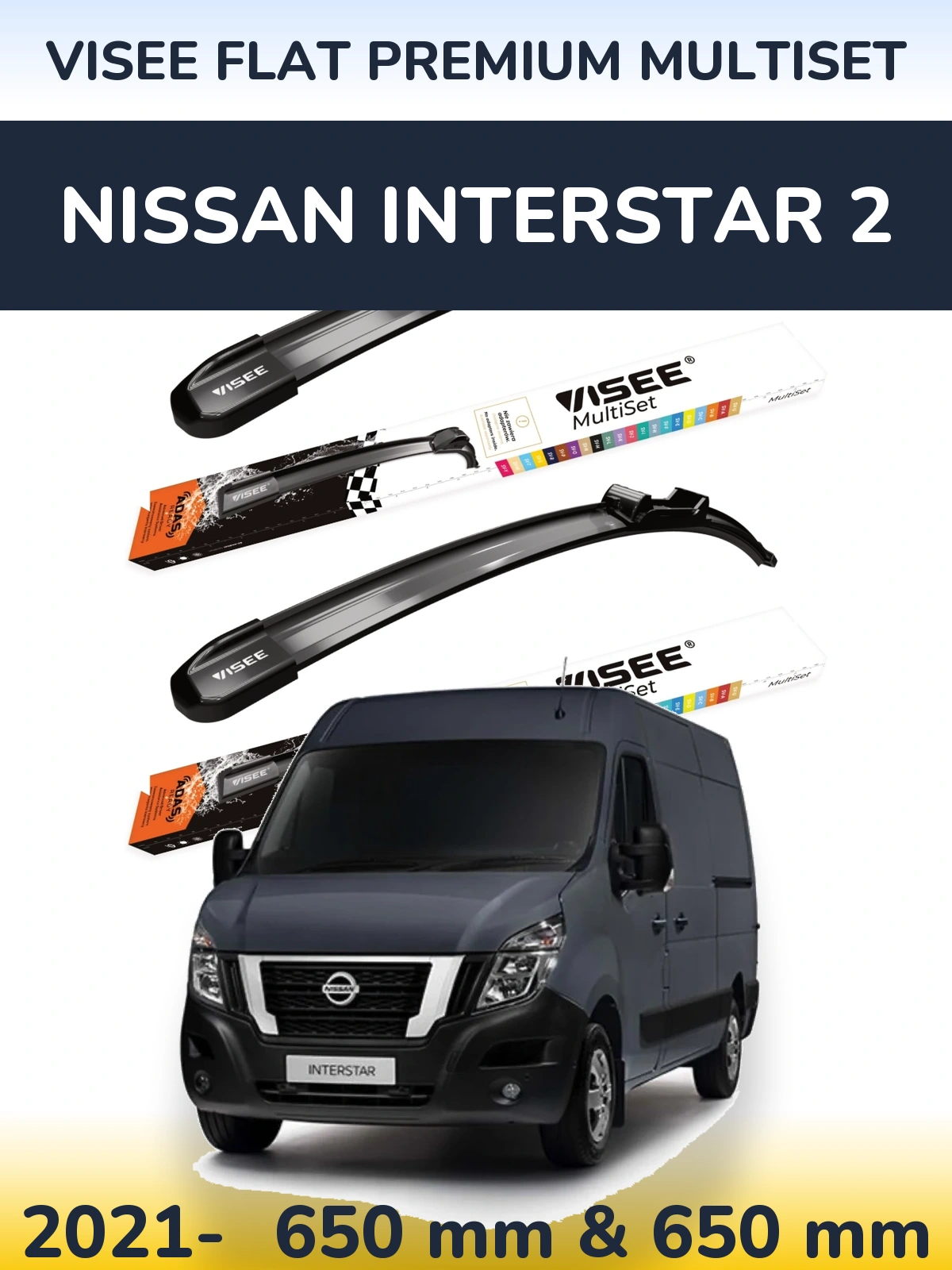 Front wiper blade set VISEE FLAT PREMIUM MultiSet 650 & 650 mm for Nissan Interstar 2 2021-2026