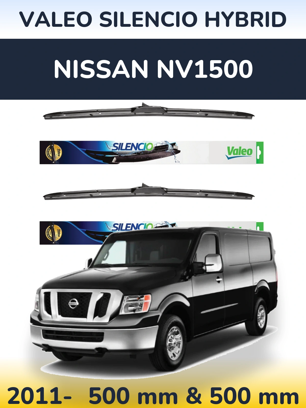 Front wiper blade set Valeo Silencio Hybrid 500 & 500 mm for Nissan NV1500 2011-2026