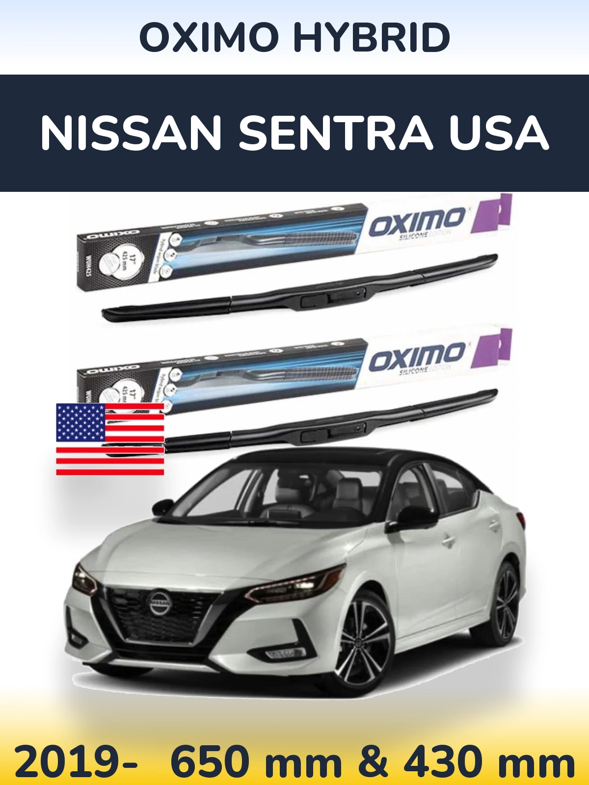 Комплект передніх щіток Oximo Hybrid 650 & 430 мм для Nissan Sentra USA 2019-2026