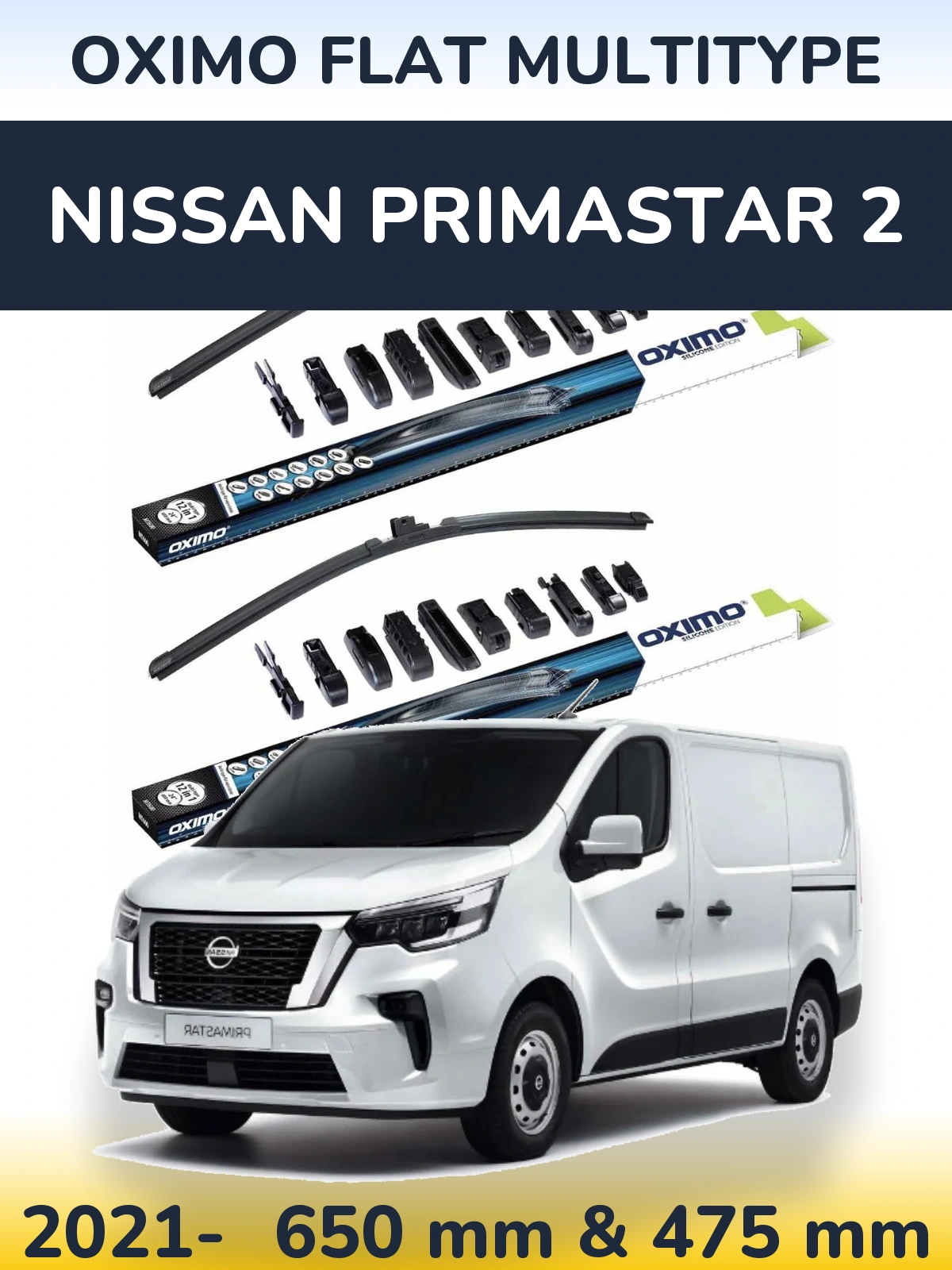 Front wiper blade set Oximo Flat MultiTipse 650 & 475 mm for Nissan Primastar 2 2021-2026