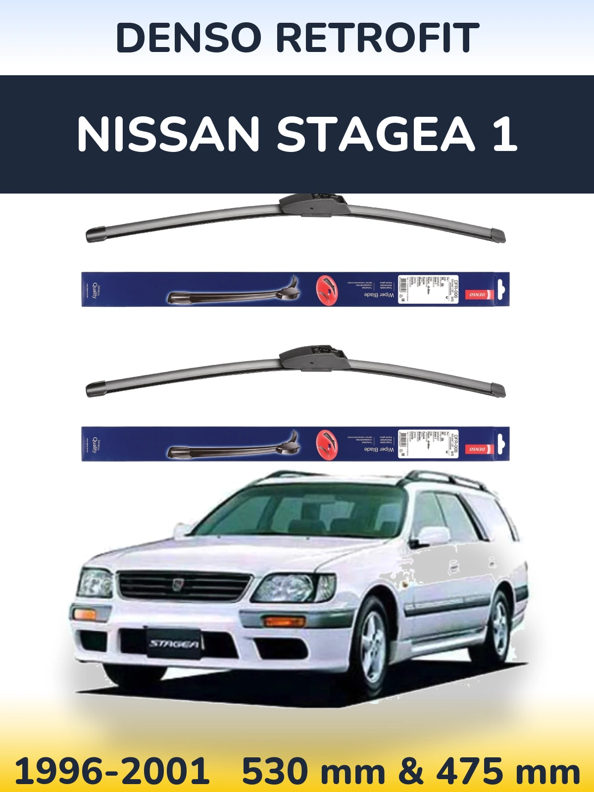 Front wiper blade set Denso Retrofit 530 & 475 mm for Nissan Stagea 1 1996-2001