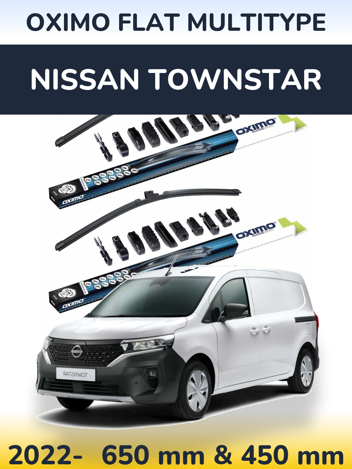Front wiper blade set Oximo Flat MultiTipse 650 & 450 mm for Nissan Townstar 2022-2026