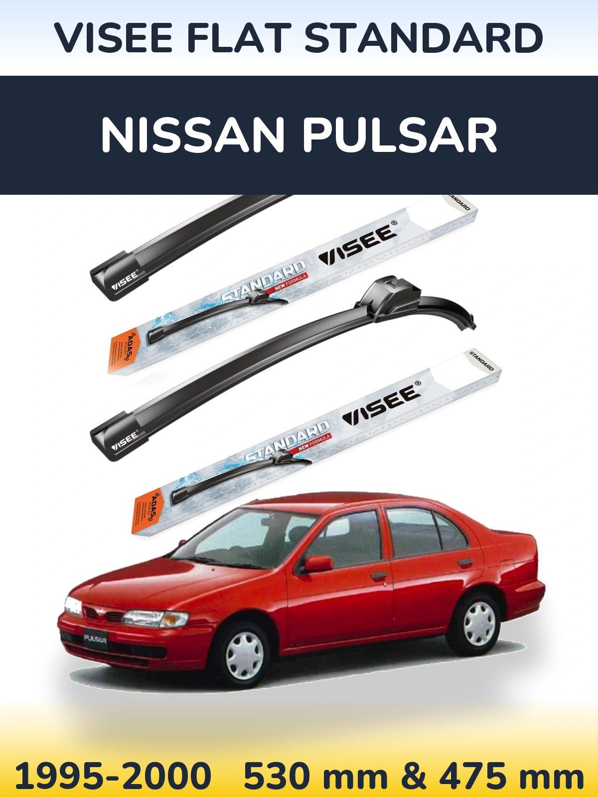 Front wiper blade set VISEE FLAT STANDARD 530 & 475 mm for Nissan Pulsar 1995-2000