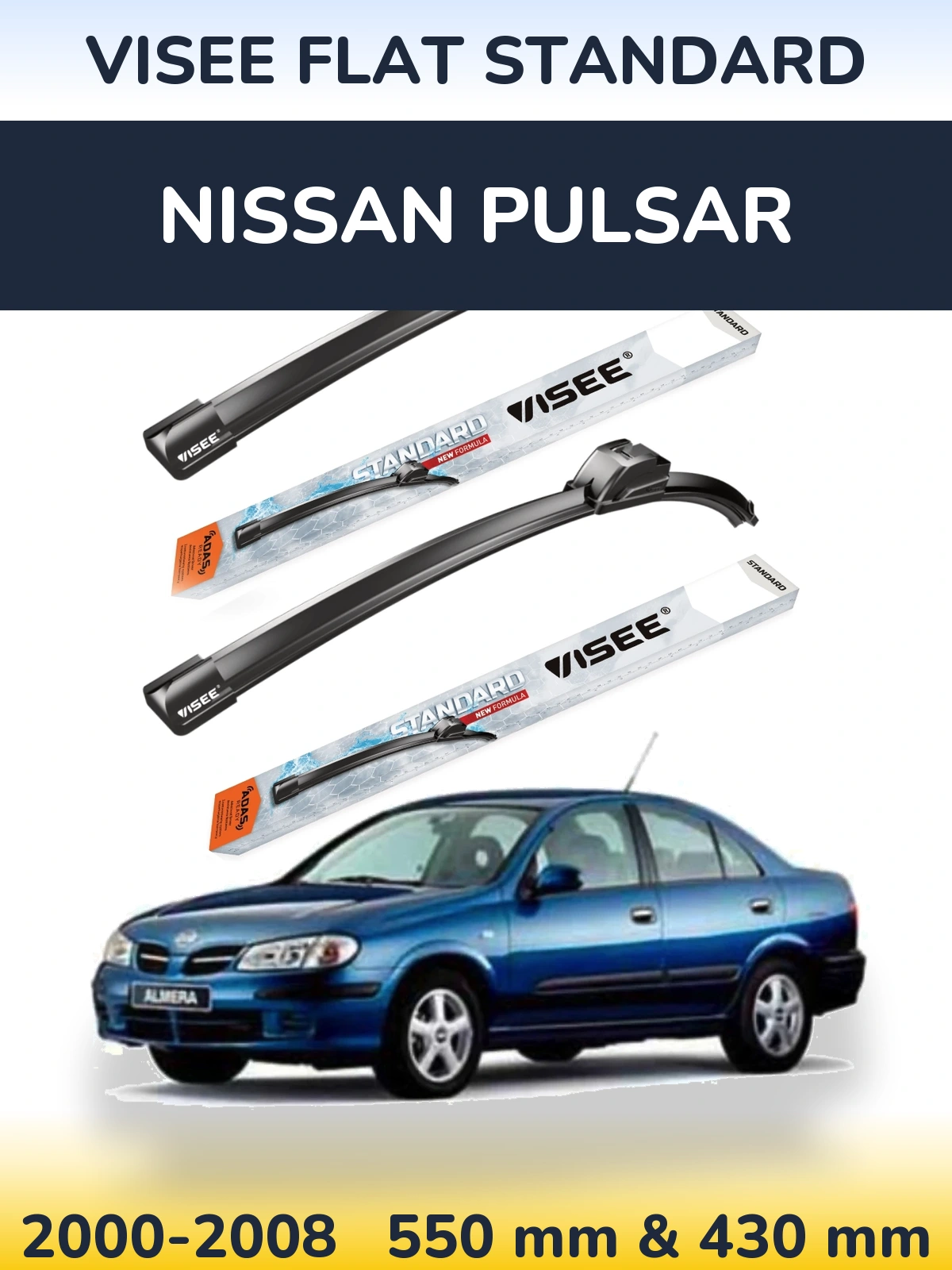 Front wiper blade set VISEE FLAT STANDARD 550 & 430 mm for Nissan Pulsar 2000-2008
