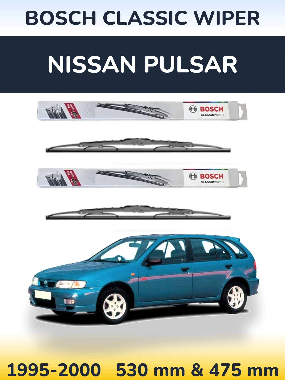 Front wiper blade set BOSCH Classic Wiper 530 & 475 mm for Nissan Pulsar 1995-2000