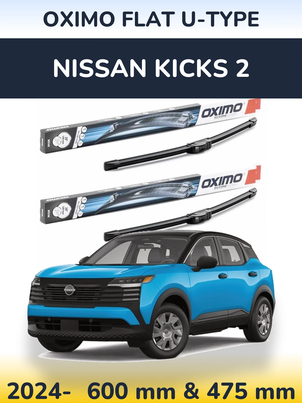 Комплект передних дворников Oximo Flat U-type 600 & 475 мм для Nissan Kicks 2 2024-2026