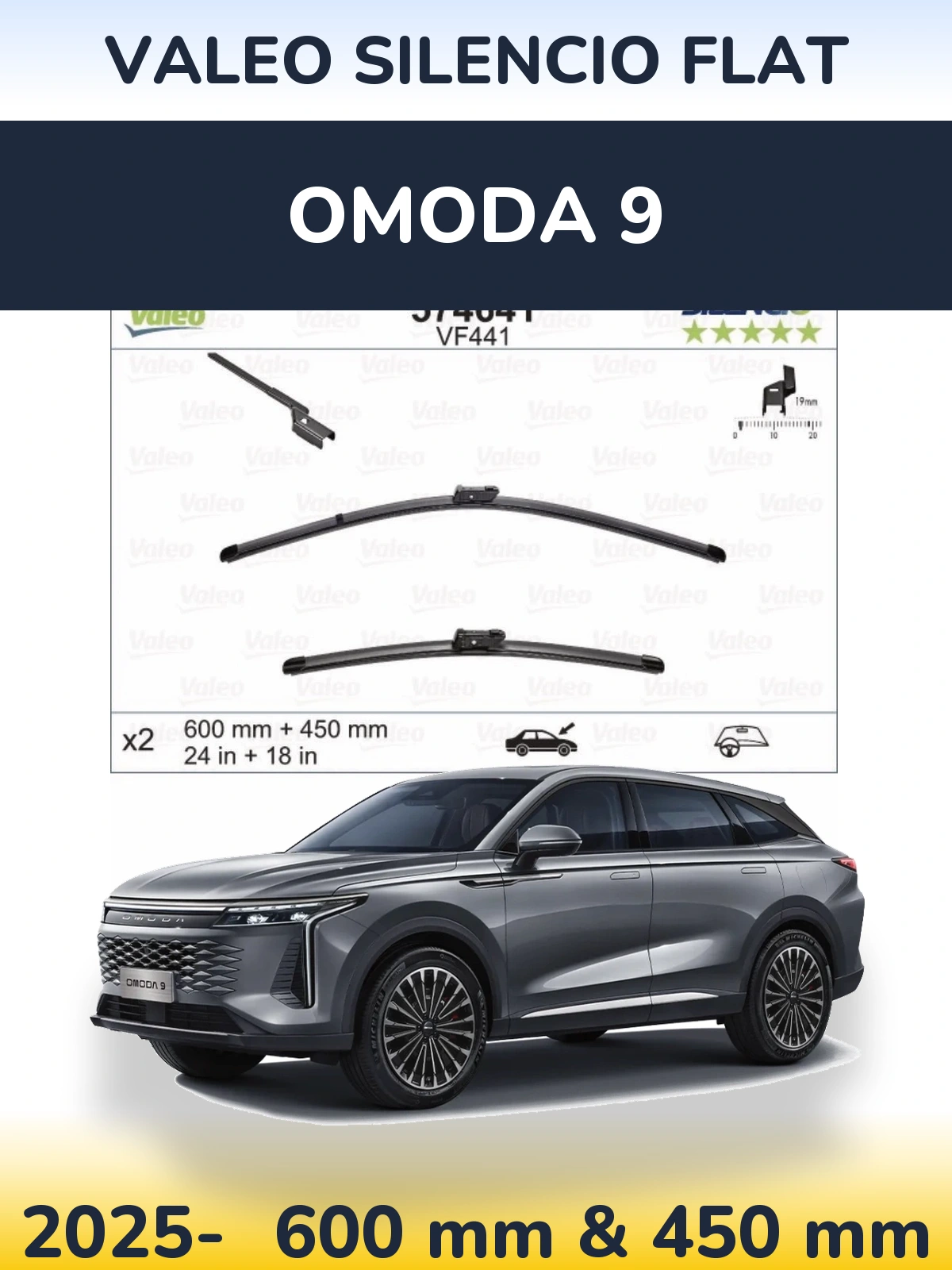 Front wiper blade set Valeo Silencio Flat 600 & 450 mm for Omoda 9 2025-2026
