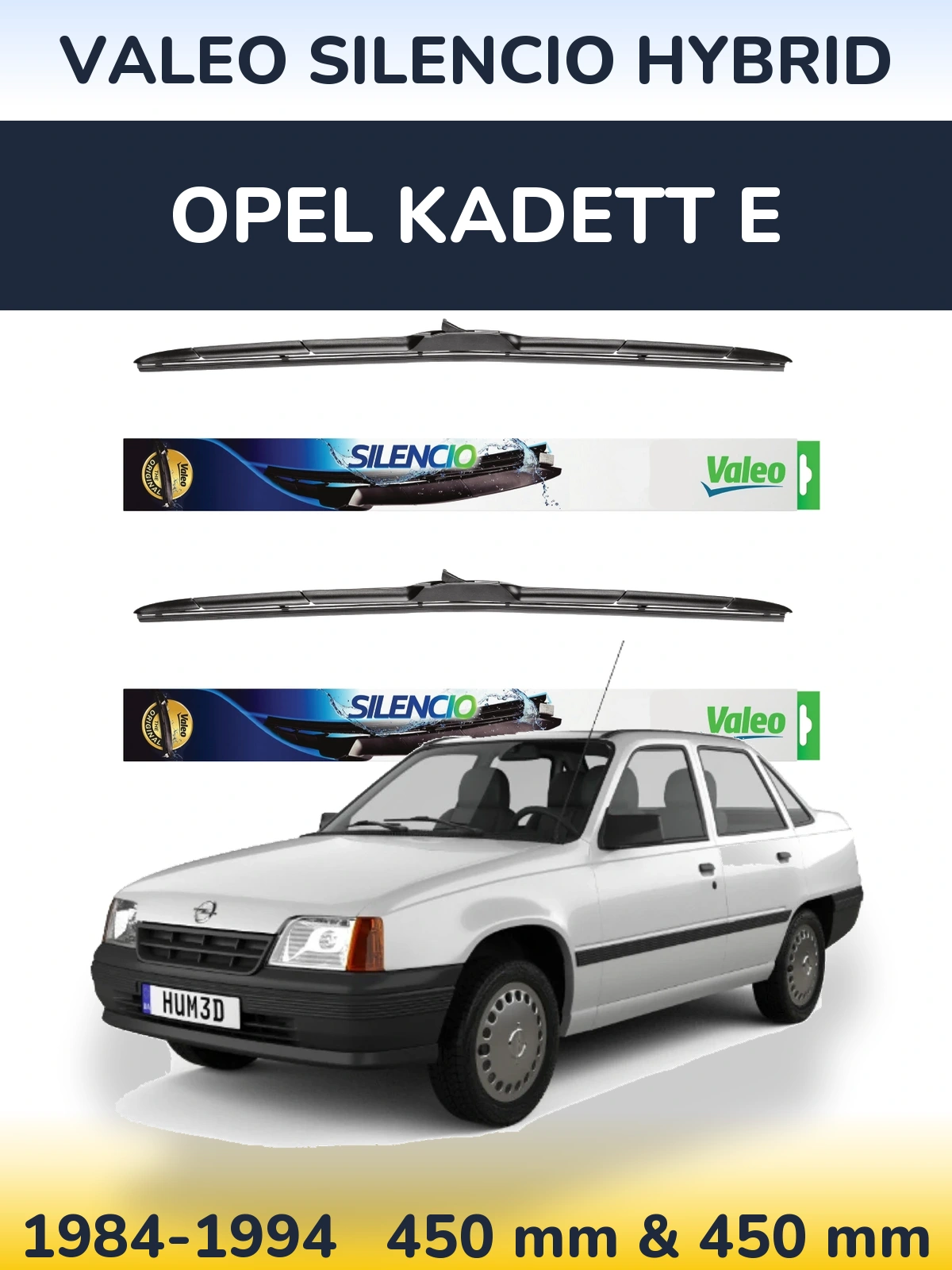 Front wiper blade set Valeo Silencio Hybrid 450 & 450 mm for Opel Kadett E 1984-1994