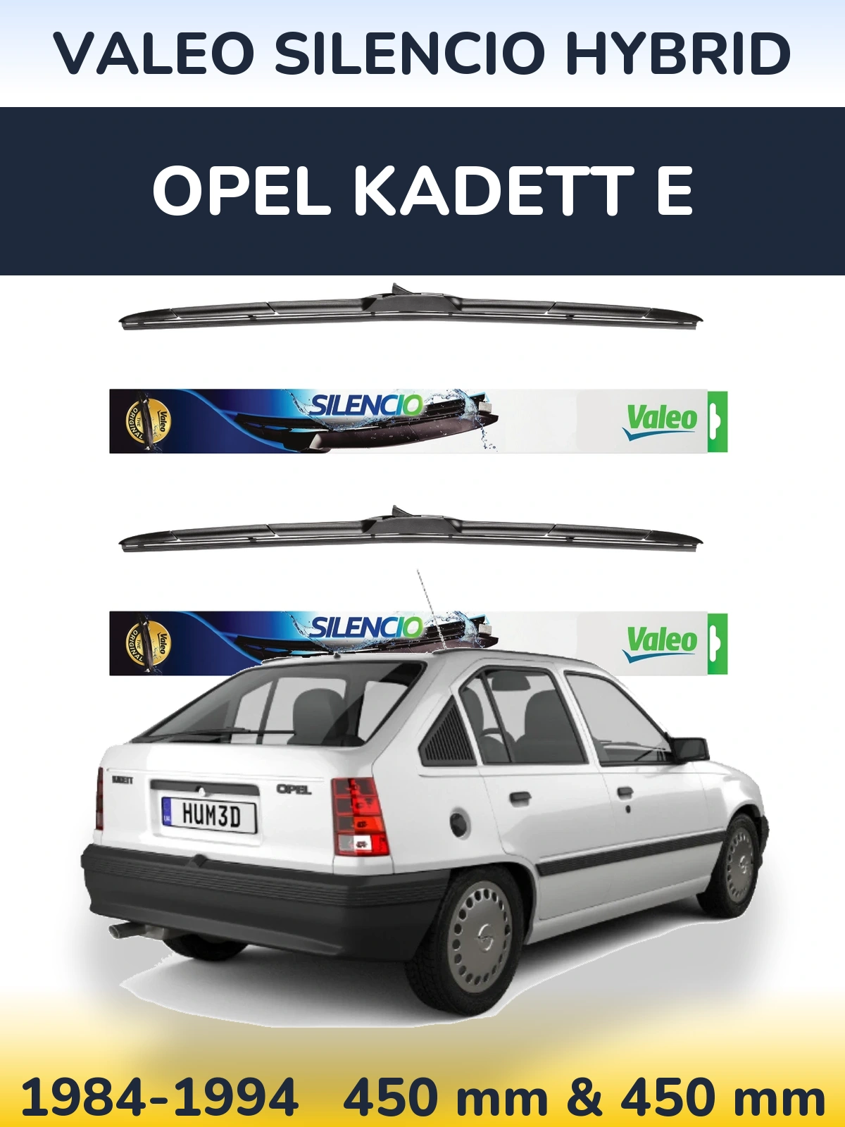 Front wiper blade set Valeo Silencio Hybrid 450 & 450 mm for Opel Kadett E 1984-1994