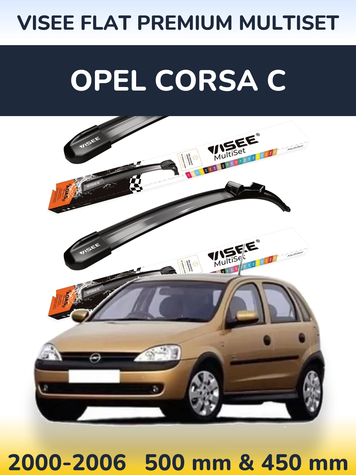 Front wiper blade set VISEE FLAT PREMIUM MultiSet 500 & 450 mm for Opel Corsa C 2000-2006