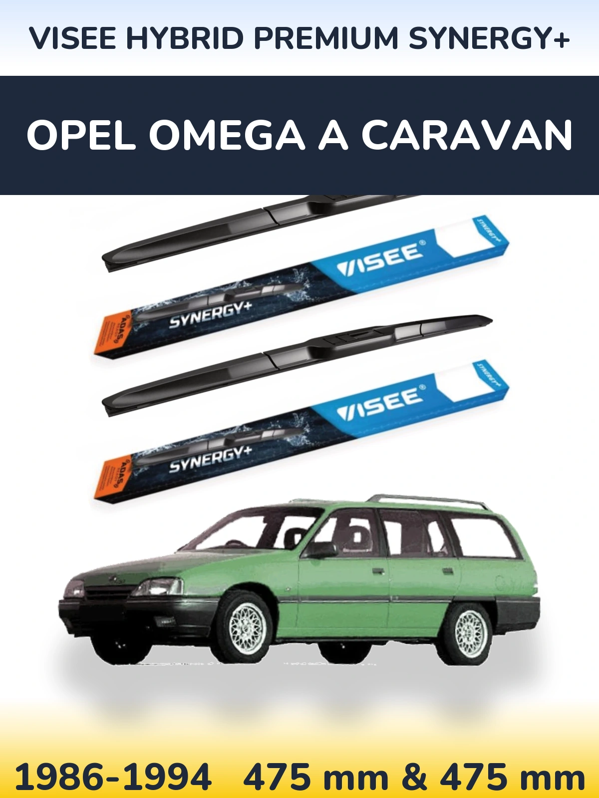 Front wiper blade set VISEE HYBRID PREMIUM SYNERGY+ 475 & 475 mm for Opel Omega A Caravan 1986-1994