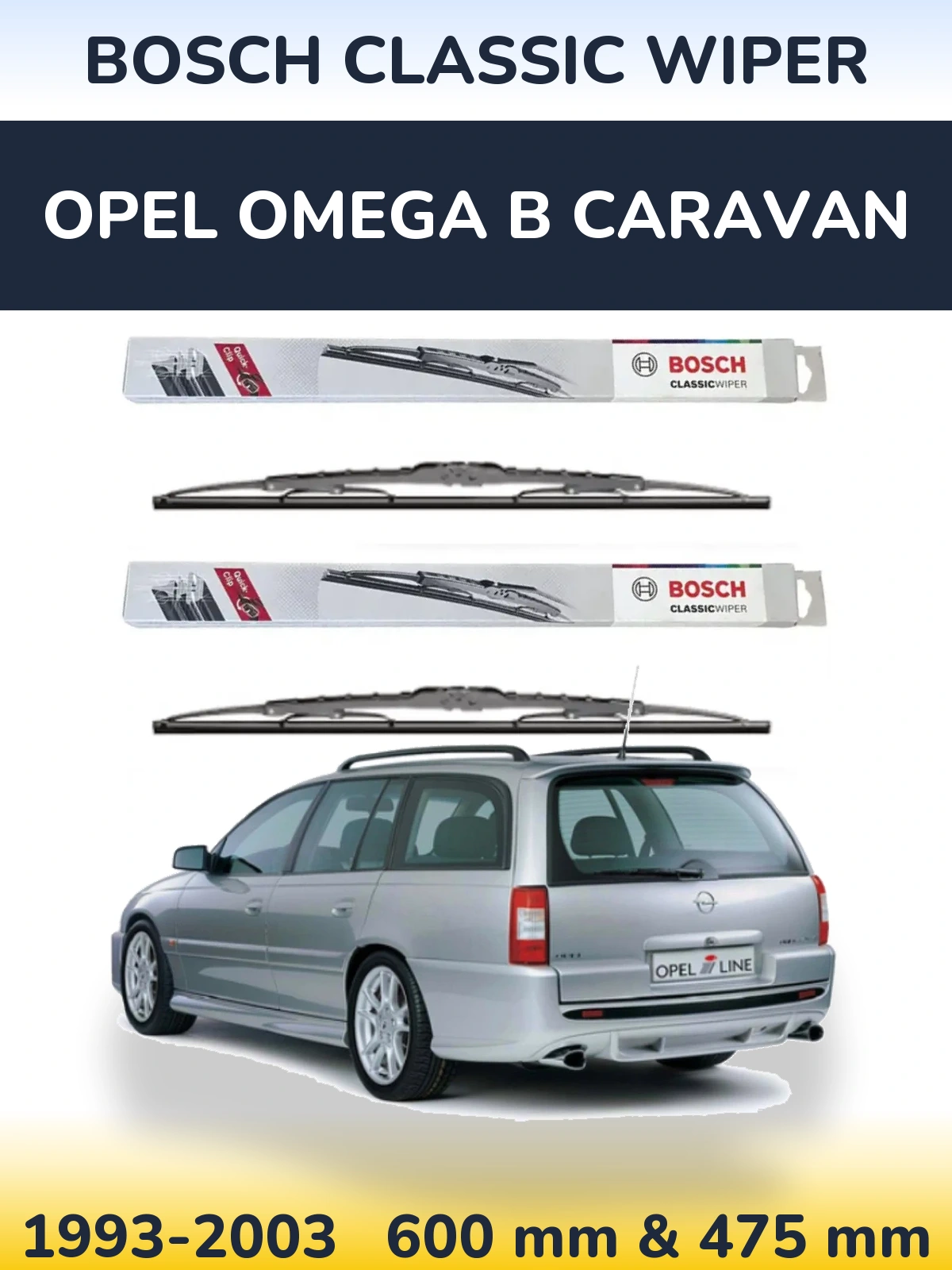 Front wiper blade set BOSCH Classic Wiper 600 & 475 mm for Opel Omega B Caravan 1993-2003