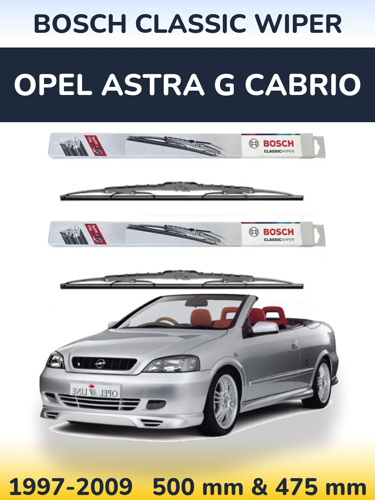 Front wiper blade set BOSCH Classic Wiper 500 & 475 mm for Opel Astra G cabrio 1997-2009