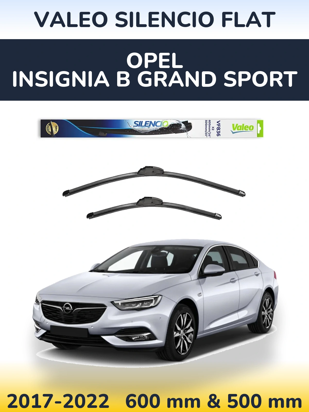 Front wiper blade set Valeo Silencio Flat 600 & 500 mm for Opel Insignia B Grand Sport 2017-2022