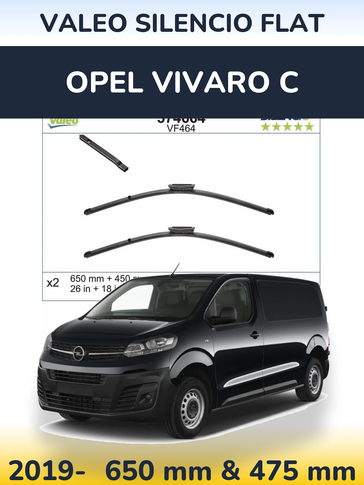 Front wiper blade set Valeo Silencio Flat 650 & 450 mm for Opel Vivaro C 2019-2026