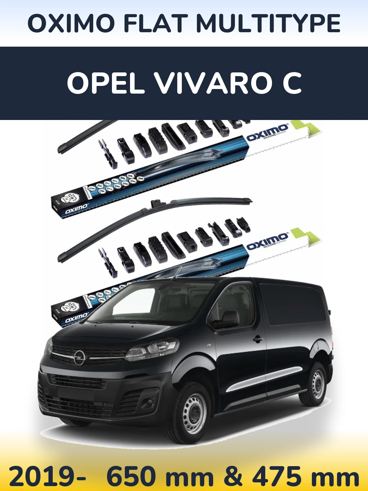 Front wiper blade set Oximo Flat MultiTipse 650 & 475 mm for Opel Vivaro C 2019-2026