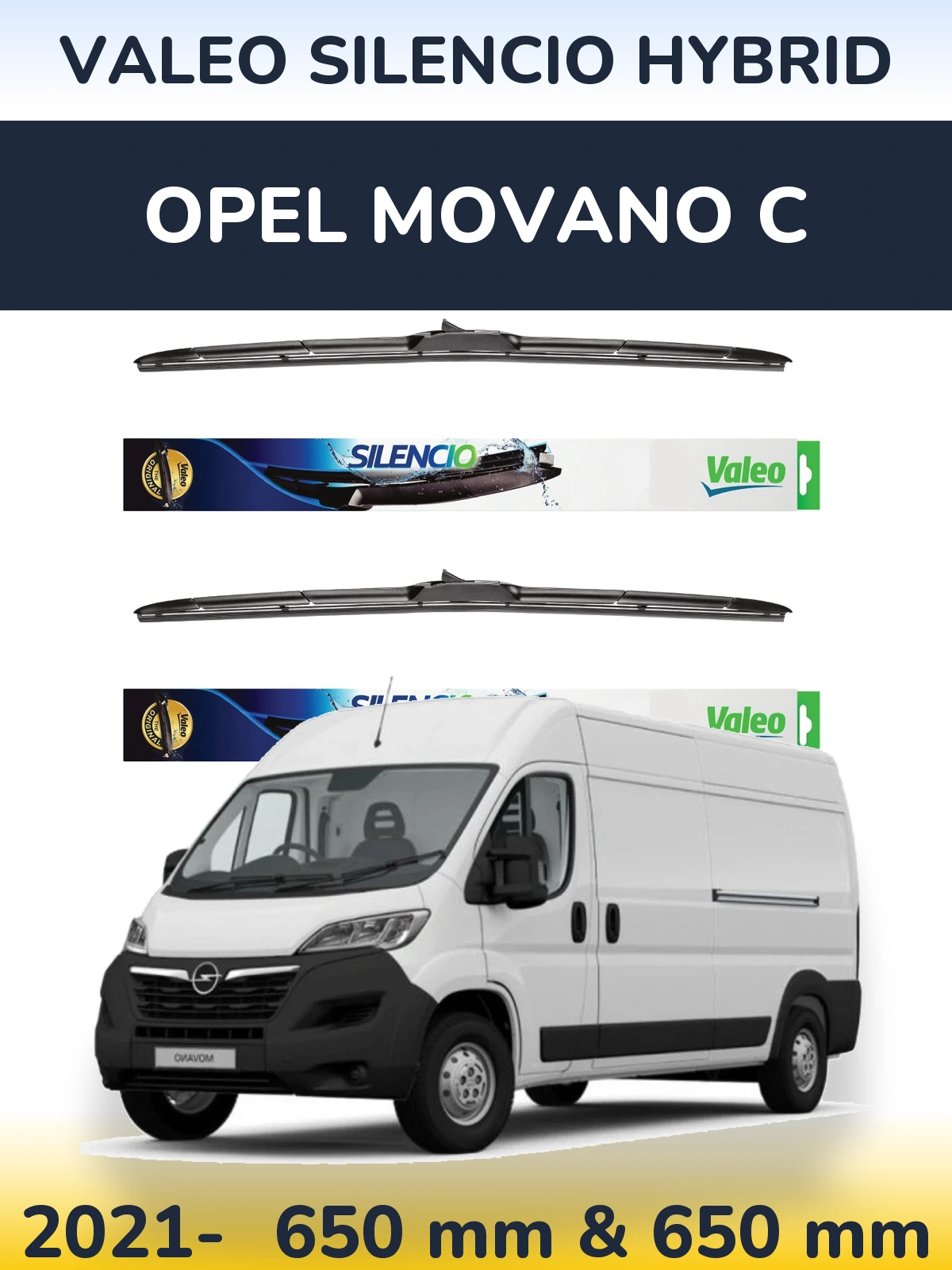 Front wiper blade set Valeo Silencio Hybrid 650 & 650 mm for Opel Movano C 2021-2026