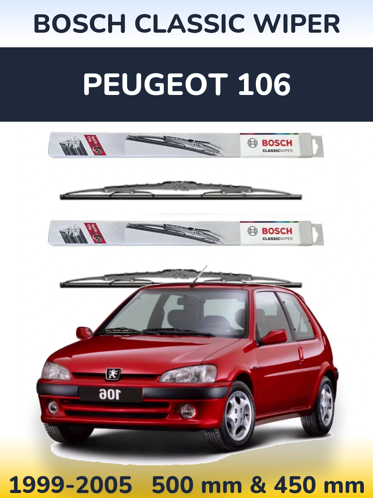 Front wiper blade set BOSCH Classic Wiper 500 & 450 mm for Peugeot 106 1999-2005