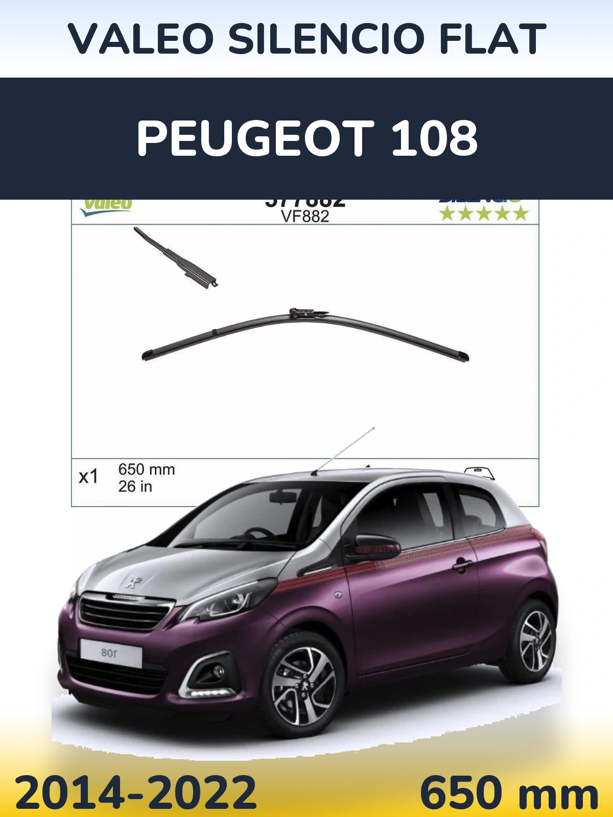 Front wiper blade Valeo Silencio Flat 650 mm for Peugeot 108 2014-2022
