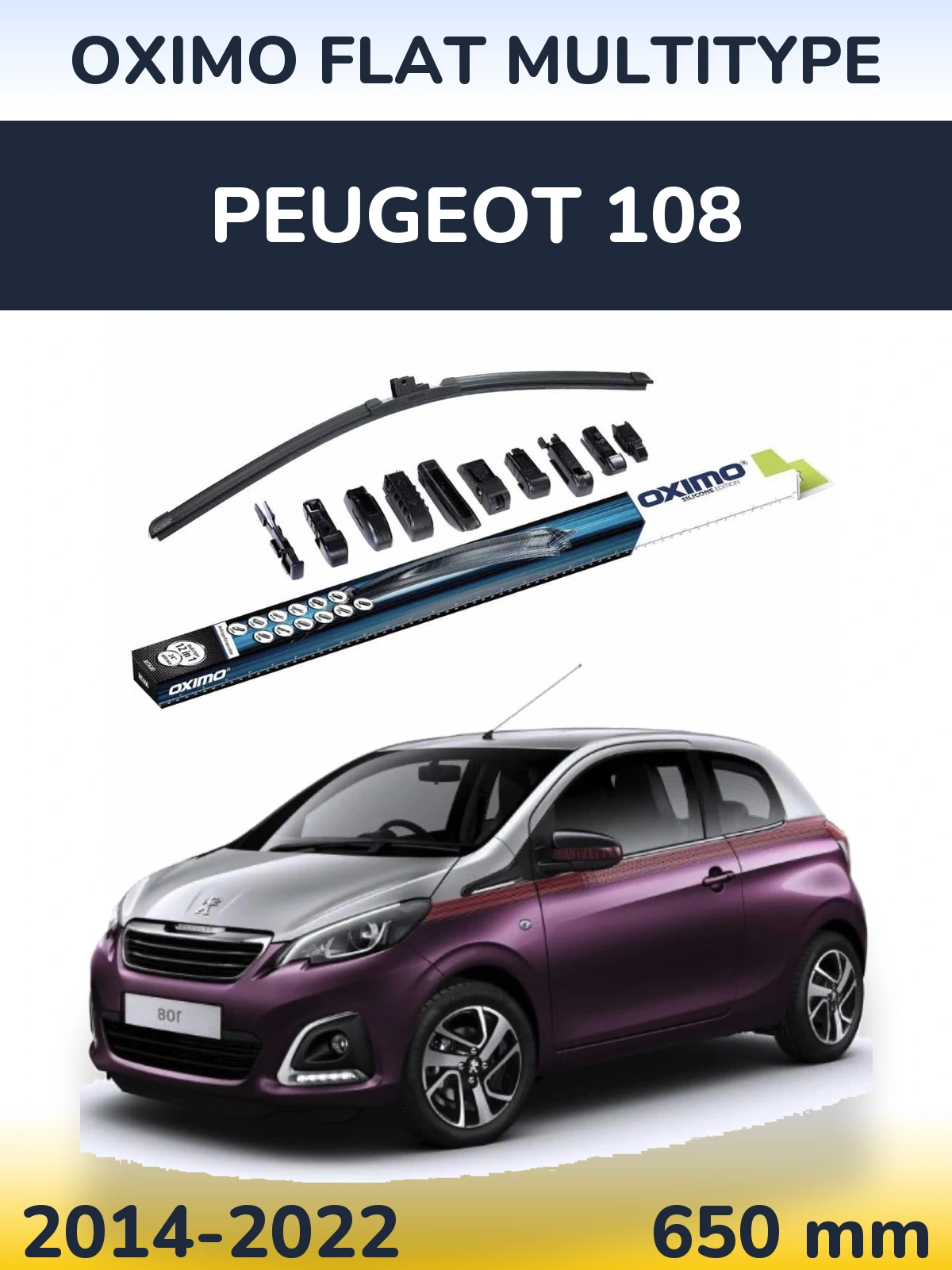 Front wiper blade Oximo Flat MultiTipse 650 mm for Peugeot 108 2014-2022