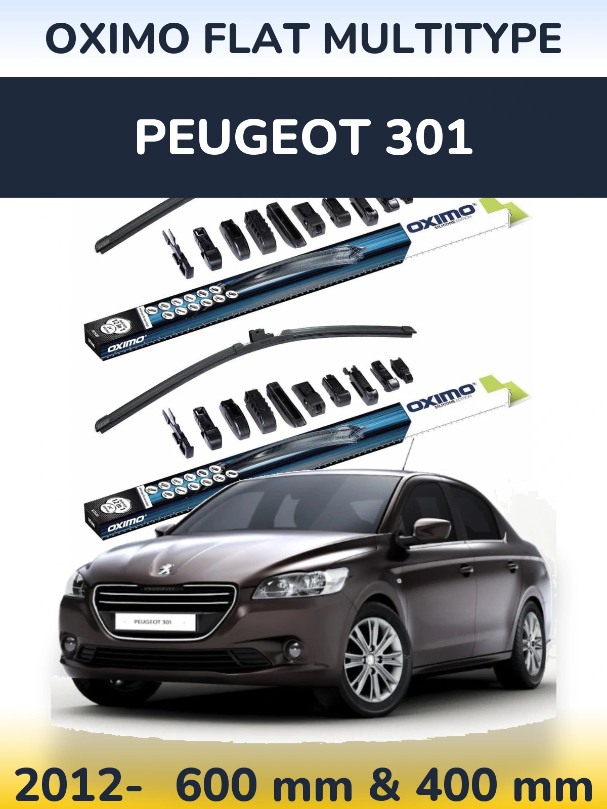 Комплект передних дворников Oximo Flat MultiТипe 600 & 400 мм для Peugeot 301 2012-2026