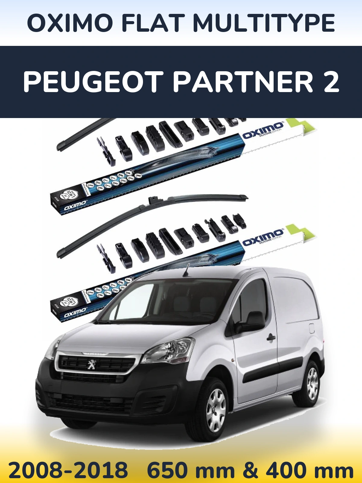 Front wiper blade set Oximo Flat MultiTipse 650 & 400 mm for Peugeot Partner 2 2008-2018
