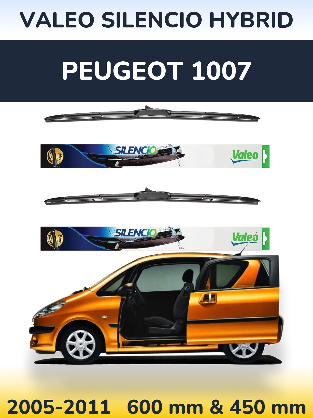 Front wiper blade set Valeo Silencio Hybrid 600 & 450 mm for Peugeot 1007 2005-2011