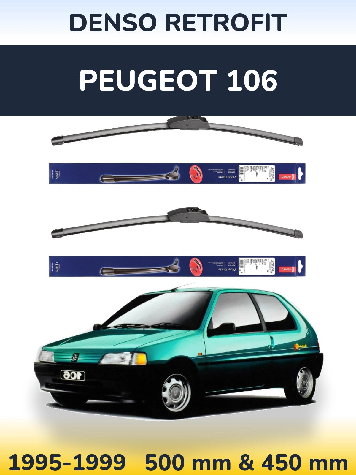Front wiper blade set Denso Retrofit 500 & 450 mm for Peugeot 106 1995-1999